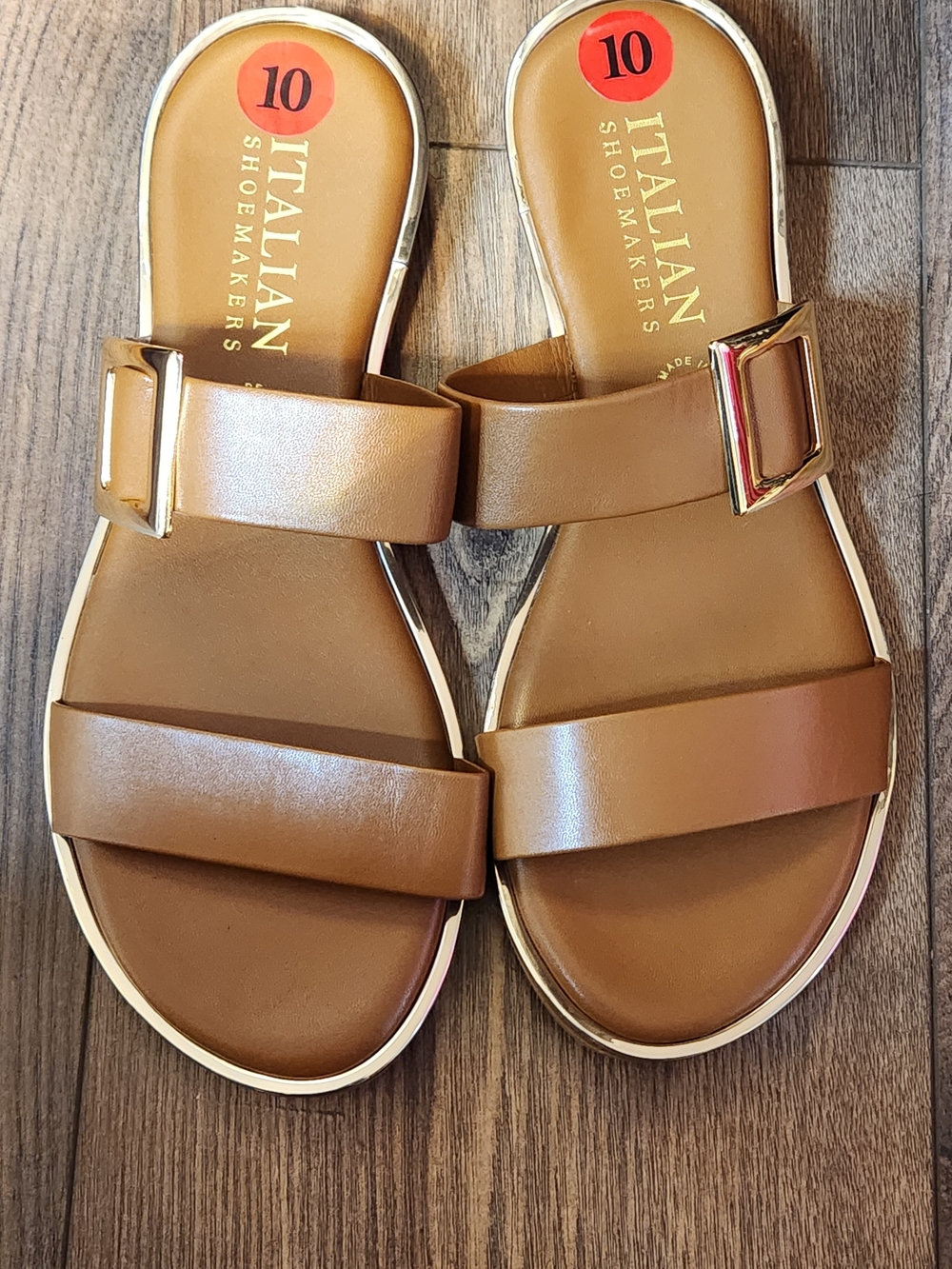 Italian Shoemakers Brown Double-Strap Slide Sandals with Gold Buckle